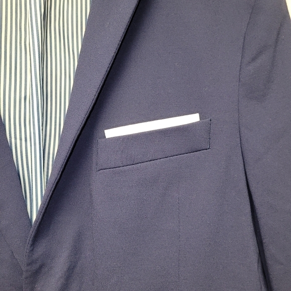ZARA Man Navy Blue Slim Fit Blazer Jacket White Elbow Patch US Size 54 - Picture 15 of 16